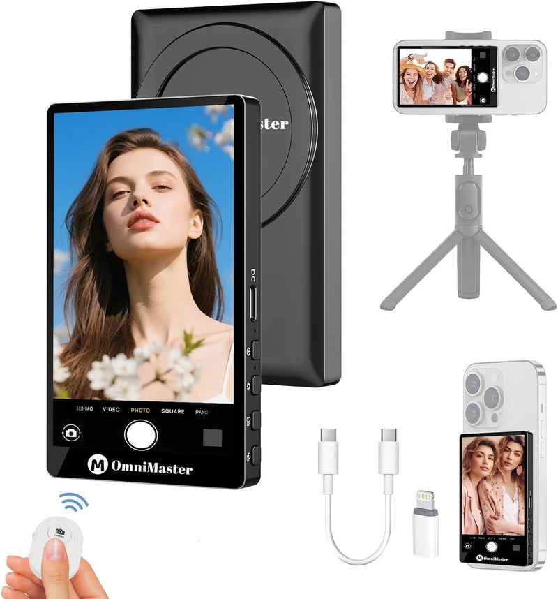OmniMaster 4K30FPS Rear Camera Selfie Monitor for iPhone & Android, Magnetic Screen with 33ft Bluetooth Remote, USB-C/Lightning — Perfect for Travel Vlogs, TikTok & Live Streaming - Image 1